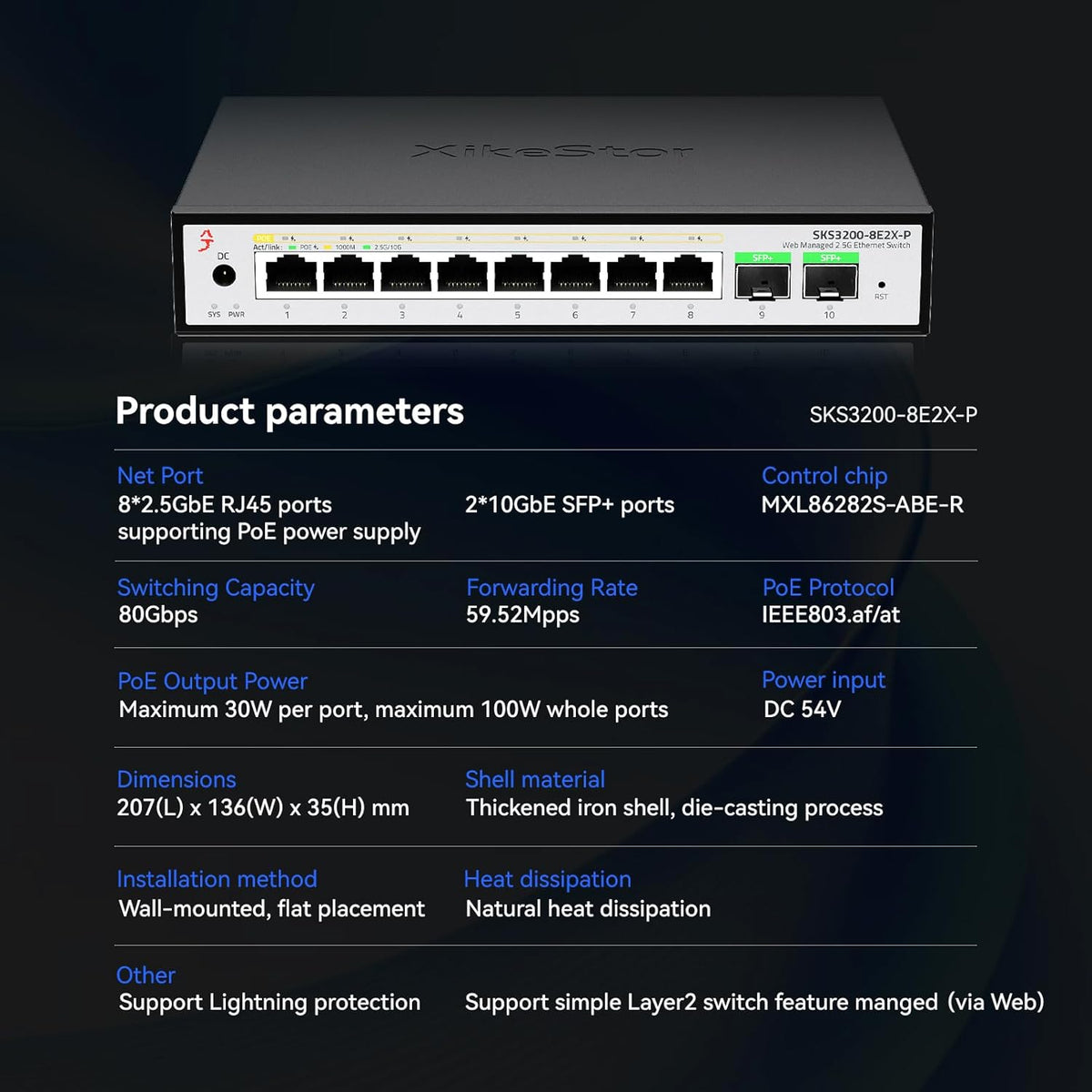 8-Port 2.5G Unmanaged PoE+ Ethernet Switch, IEEE 802.3af/at PoE 100W, Fanless 2.5Gb Netzwerk-Switch für AP, VoIP-Telefon, IP-Kamera, NVR