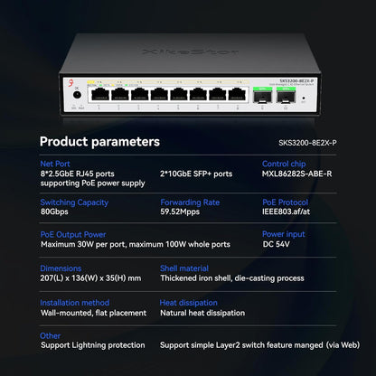 8-Port 2.5G Unmanaged PoE+ Ethernet Switch, IEEE 802.3af/at PoE 100W, Fanless 2.5Gb Netzwerk-Switch für AP, VoIP-Telefon, IP-Kamera, NVR