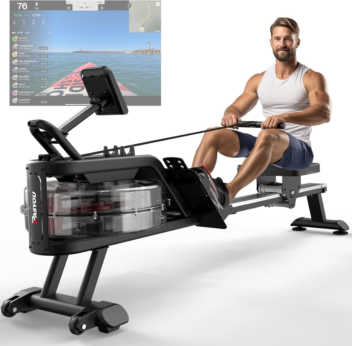 PASYOU Water Rowing Machine, Foldable Rowing Machine for Home Gym, 350lbs Weight Capacity Rowing Machine with Bluetooth App, LCD Screen, Tablet Stand for Cardio Training - QUORE