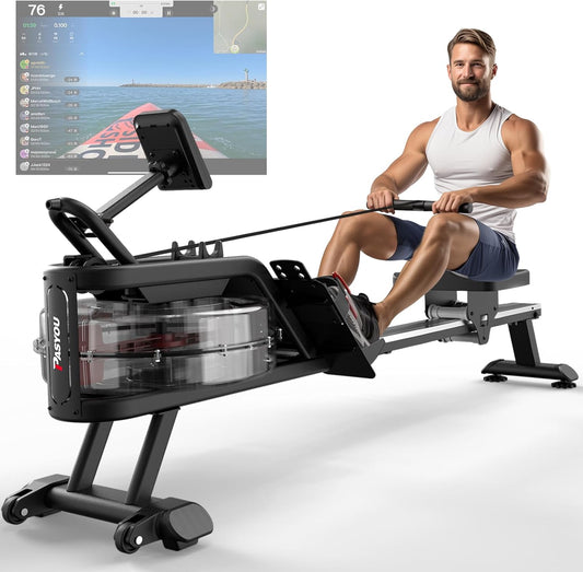 PASYOU Water Rowing Machine, Foldable Rowing Machine for Home Gym, 350lbs Weight Capacity Rowing Machine with Bluetooth App, LCD Screen, Tablet Stand for Cardio Training - QUORE