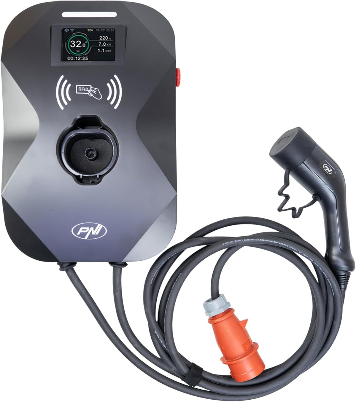 PNI KW11 16A, 11KW laadstation, voor elektrische auto's, 85V - 415V, 7-pins Type2-kabel, 3,5 inch scherm, met Bluetooth, laadactivering via app en RFID-kaart, IP55