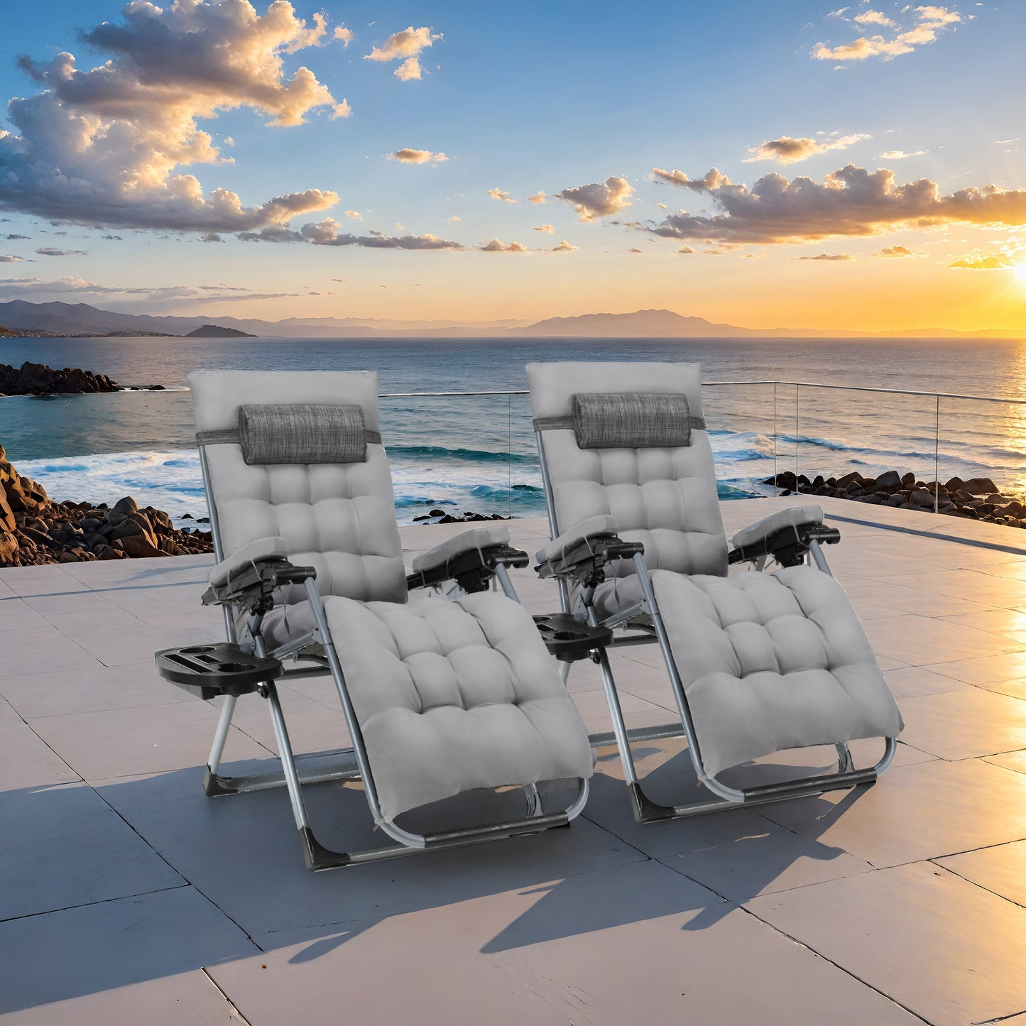 Loungestoelen – Outdoor Stoel – Campingstoel – Balkonstoel – Relaxstoel – Set Van 2 – Teslin Stof Met Kussen – Inklapbaar Met Bekerhouder