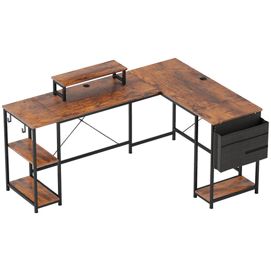 Hoekbureau – L-Vormig Bureau – Werkplek Bureau – Gamingbureau – Bureau Met Opbergruimte – Rustieke Bruine Houtlook – Verstelbare Werkbladlengte Tot 240 cm – Ergonomische Monitorstandaard Voor Schermen Tot 42 Inch