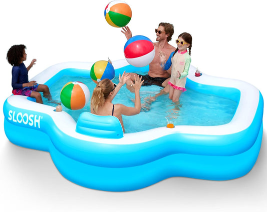 SLOOSH Opblaasbaar zwembad voor gezinnen met stoelen, 120" x 101" x 26" Full-Sized Blow Up Duurzaam verdikt bovengronds zwembad met rugleuning bekerhouders, zwembaden voor achtertuin zomer watergazon