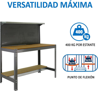 Simon Rack Sterke Werkbank met Bovenplank en Geperforeerd Paneel, 1445x910x610 mm, 400 kg Draagvermogen, Metalen Frame en Houten Werkblad, Compleet voor Werkplaats, Grijs/Hout – BT3