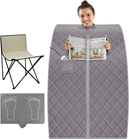 SereneLife Portable Sauna For Home Use- Infrared Sauna Tent With Heated Foot Cushion And Foldable Chair-Sauna Box - Compact Personal Detox Sauna Remote Control-96.5 x 81 cm-Silver - QUORE