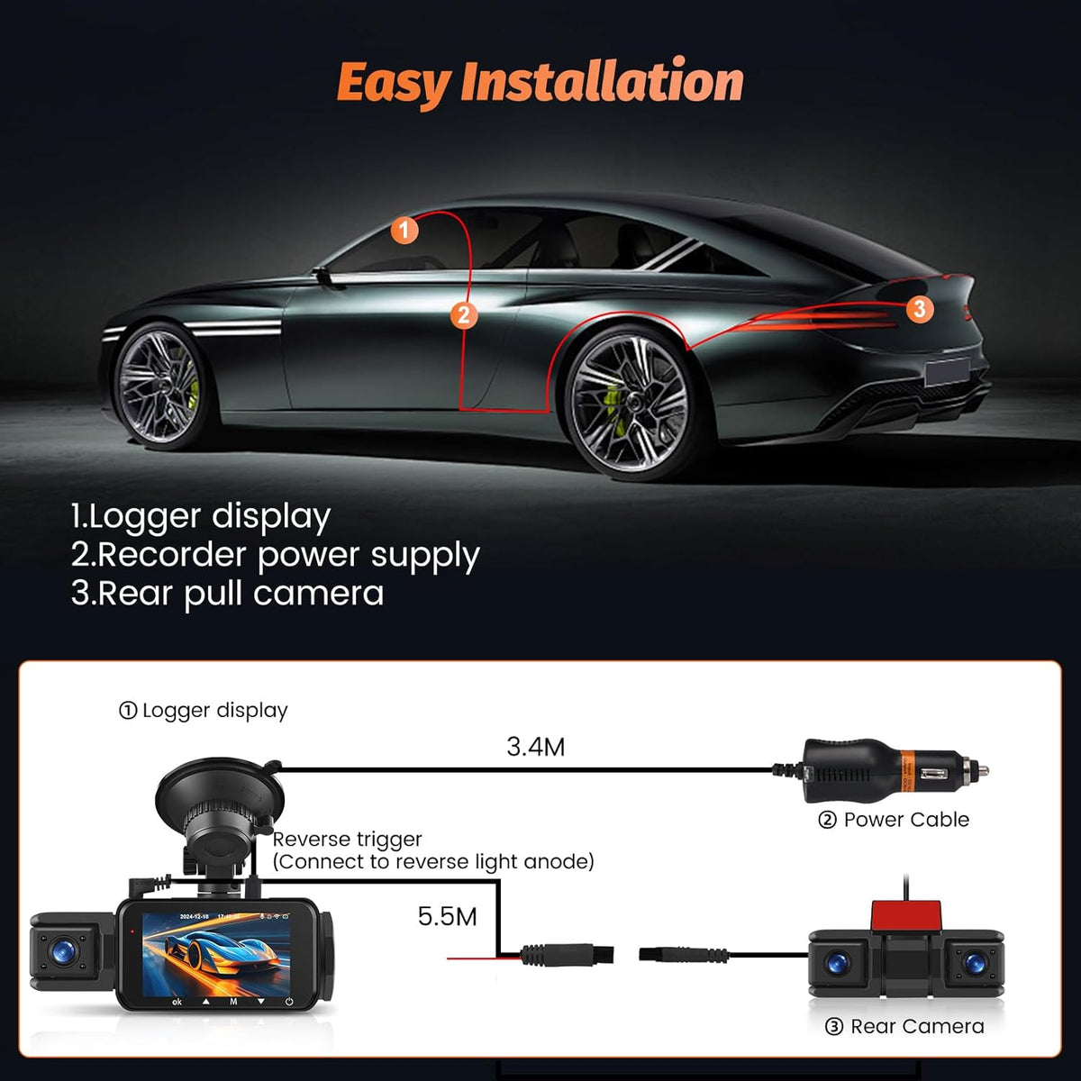 Dashcam Auto Voor Achter – Autocamera – Dashboardcamera – Rijcamera – Car Camera – 4K+1080P Opname – Nachtzicht & Parkeermonitor