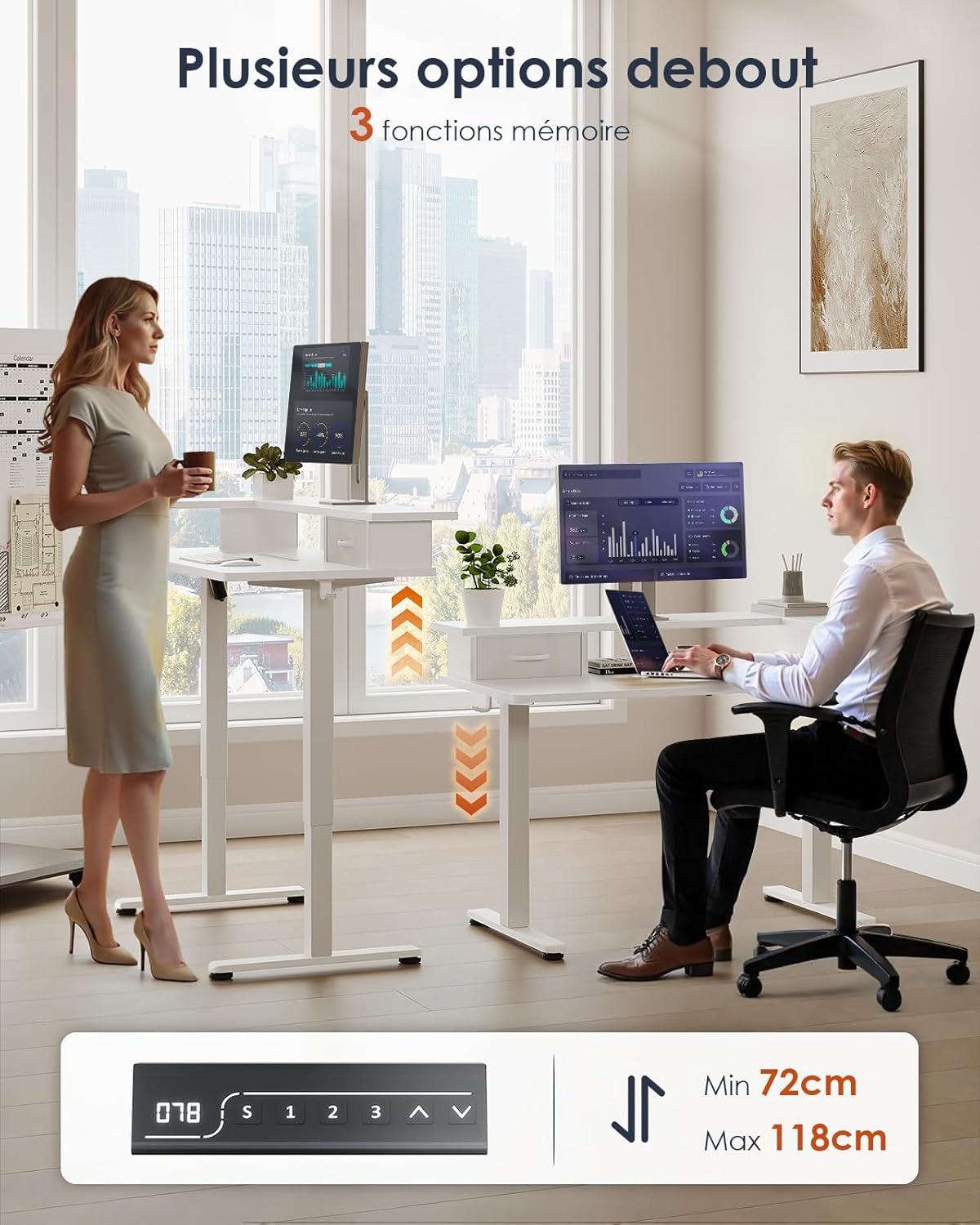 OffiGo Height Adjustable Desk, One-Piece Tabletop, 120x60 Electric Desk with L Monitor Holder, Standing Desk with Drawer, Standing Desk with USB, Ergonomic Computer Desk, White - QUORE