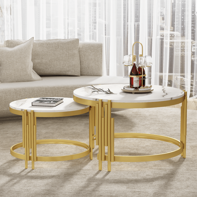 Modulaire Salontafel Set – Koffietafel – Bijzettafel – Ronde Tafels – Marmerlook Tafel – Gouden Metalen Frame – Twee Maten – Licht & Stevig Design
