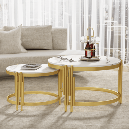 Modulaire Salontafel Set – Koffietafel – Bijzettafel – Ronde Tafels – Marmerlook Tafel – Gouden Metalen Frame – Twee Maten – Licht & Stevig Design