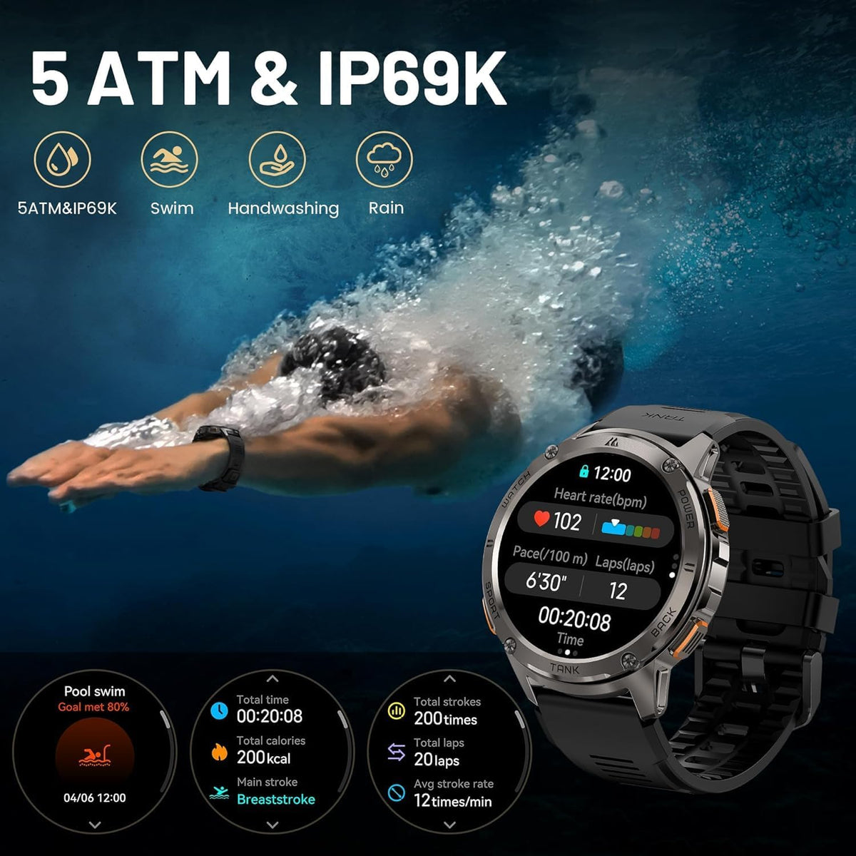KOSPET Tank T3 Smartwatch voor heren, 60 dagen acculatie, 50 m waterdicht, militair getest, volledig metalen behuizing, 1,43 inch AMOLED