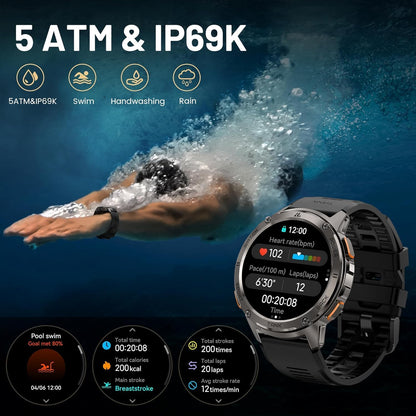 KOSPET Tank T3 Smartwatch voor heren, 60 dagen acculatie, 50 m waterdicht, militair getest, volledig metalen behuizing, 1,43 inch AMOLED