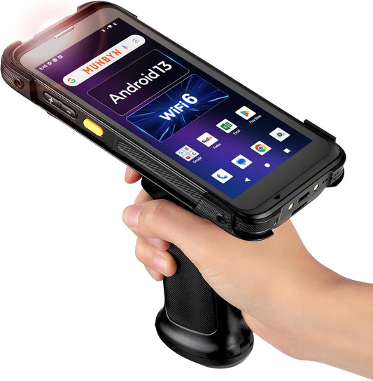MUNBYN IPDA101P Geüpgrade Android 13 Barcode Scanner met Pistoolgreep, Wi-Fi 6 Handheld Mobiele Computer PDA 5.5" Scherm, Uitgerust met Data Terminal SE4710 Zebra Engine, GPS 1D/2D/QR Voorraadscanner