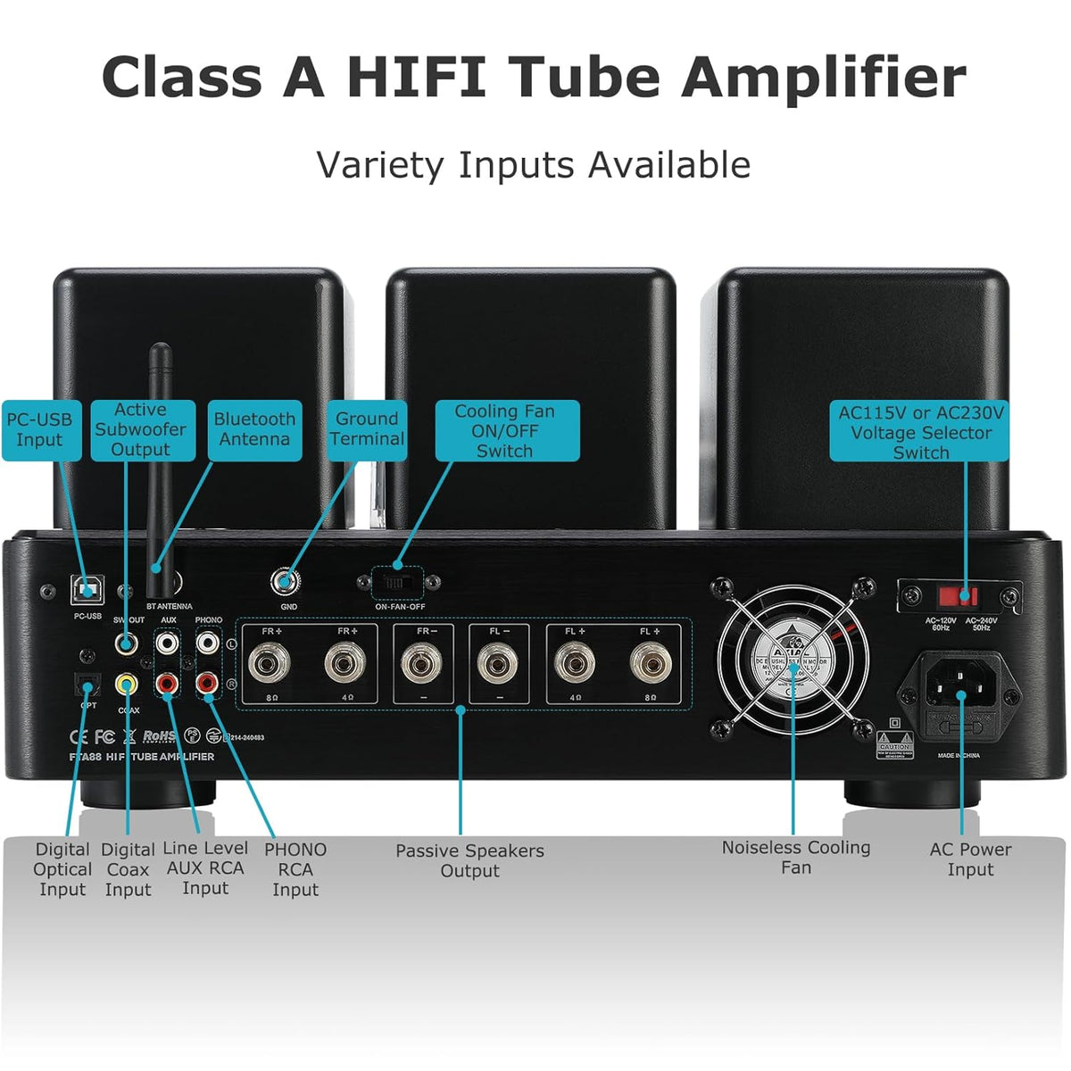 Juson Audio FTA88 Upgrade KT88 ventielbuisversterker, klasse A, hifi-vacuümversterker met BT 5.4 Mosfet, enkelvoudig, dual mode-afstandsbediening, aptX-HD (FTA88 2025)