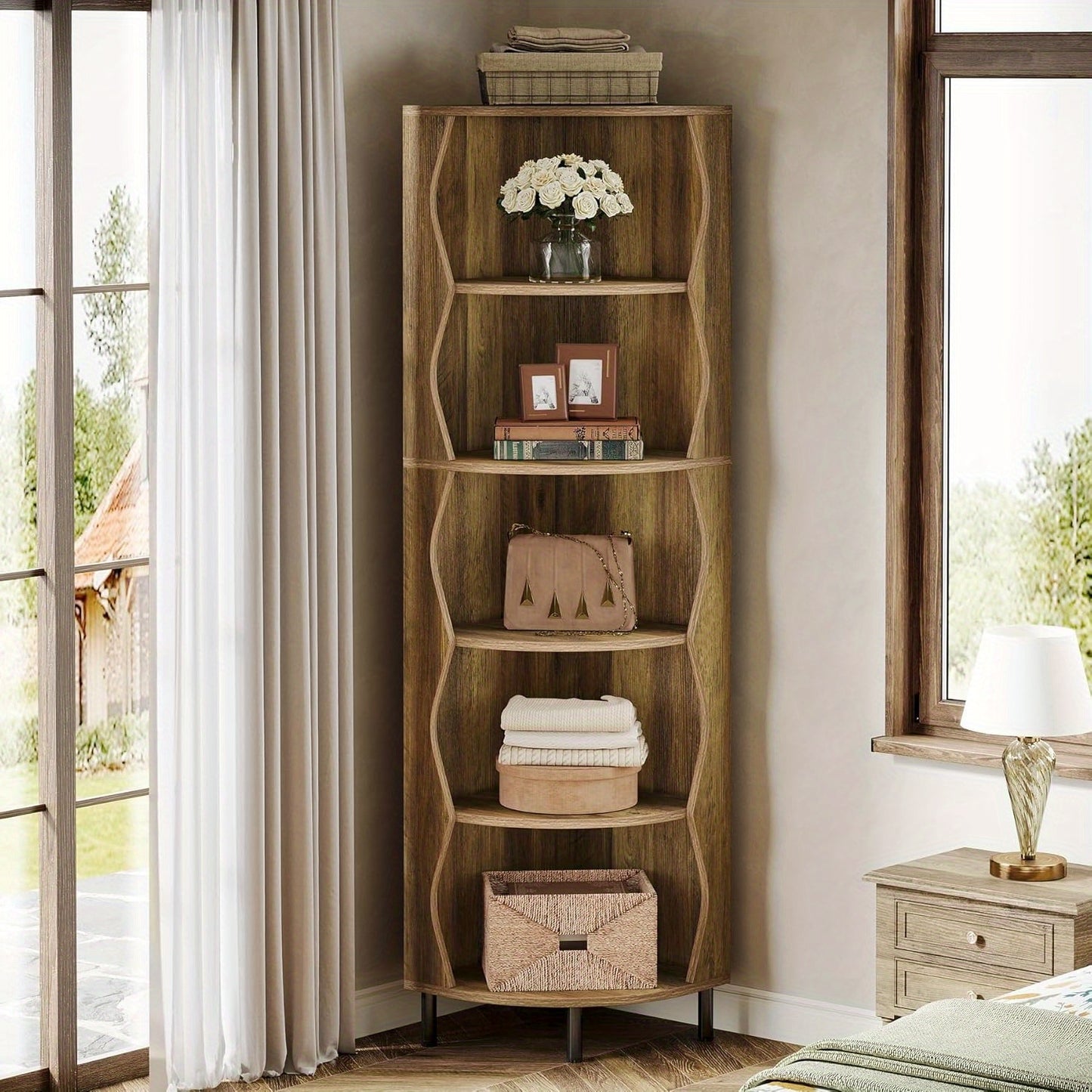Boekenrek – Boekenkast – Boekenplank – Wandrek – Opbergkast – 5-Lagen Hoekplank – Hoog 182 cm – Stevig MDF Metalen Frame – Space-Saving Design Rustiek Bruin