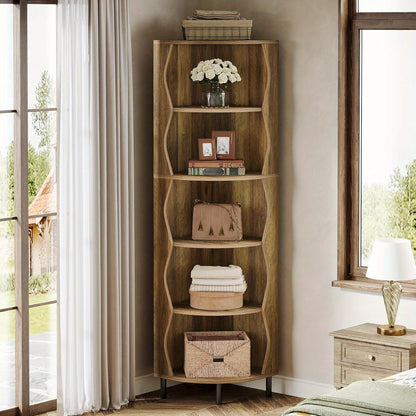 Boekenrek – Boekenkast – Boekenplank – Wandrek – Opbergkast – 5-Lagen Hoekplank – Hoog 182 cm – Stevig MDF Metalen Frame – Space-Saving Design Rustiek Bruin