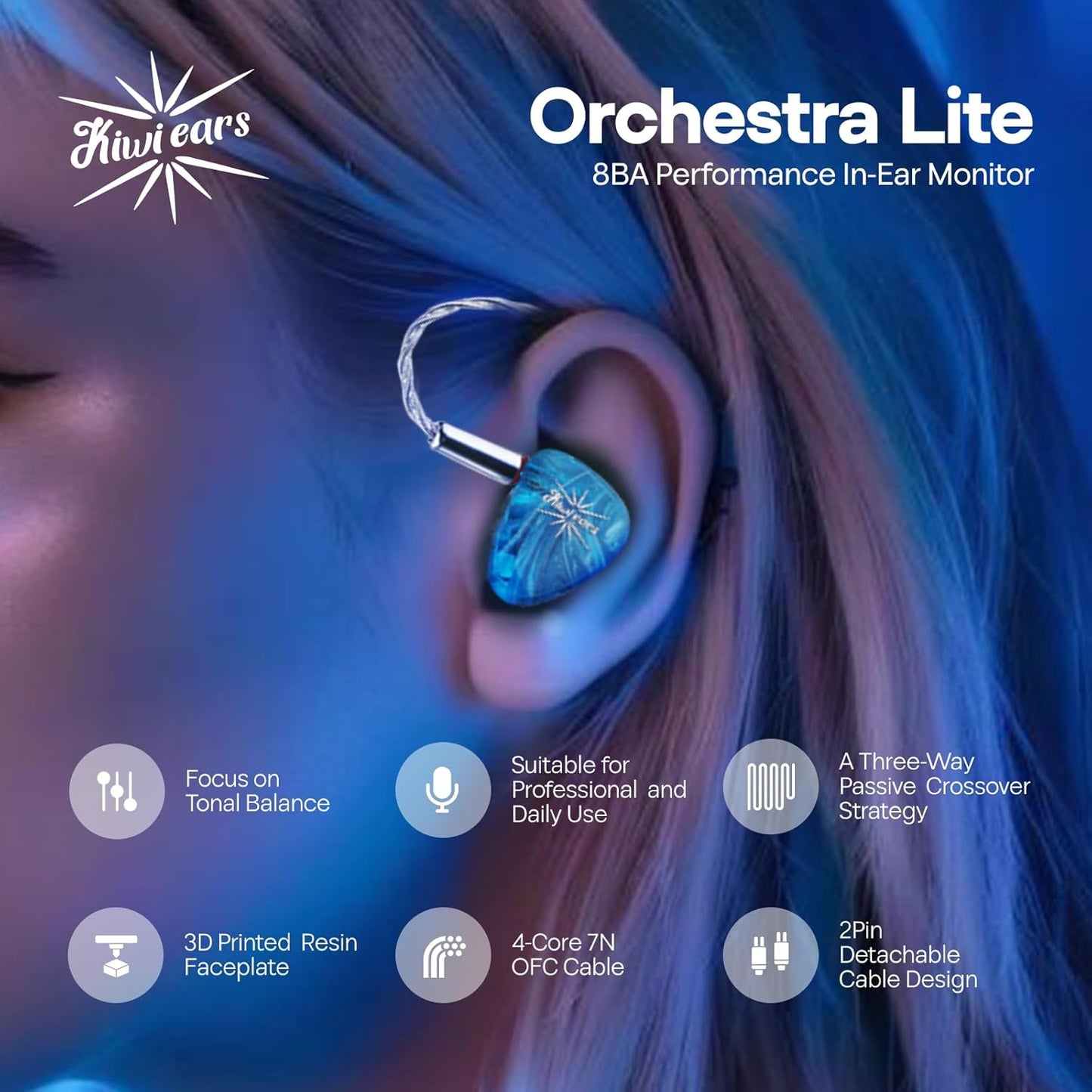 Linsoul Kiwi Ears Orchestra Lite Performance Custom 8BA in-Ear Monitor IEM met Afneembare 4-aderige 7N Zuurstofvrij Koper OFC-kabel, Handgemaakte Faceplate voor Audiofiele Studiomuzikant(Blauw)