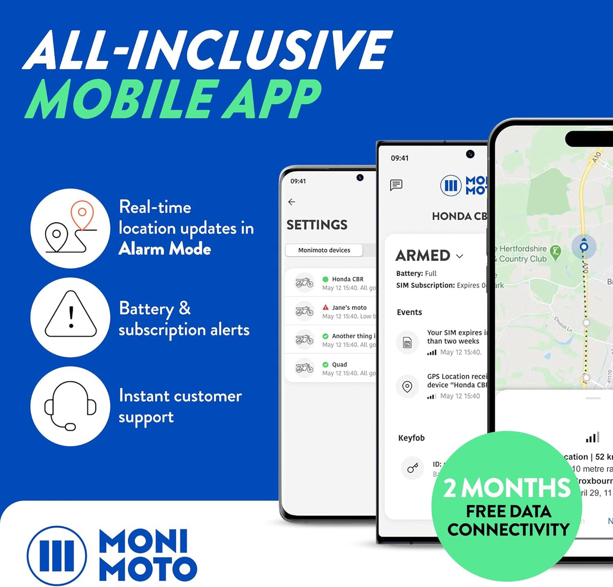 Monimoto 9 Anti-diefstal GPS en alarm tracker, doe-het-zelf-installatie, geen bedrading, waterdicht, wereldwijde afdekking, smart GPS-tracker voor motorfietsen, auto's, fietsen, ATV's, boten, campers
