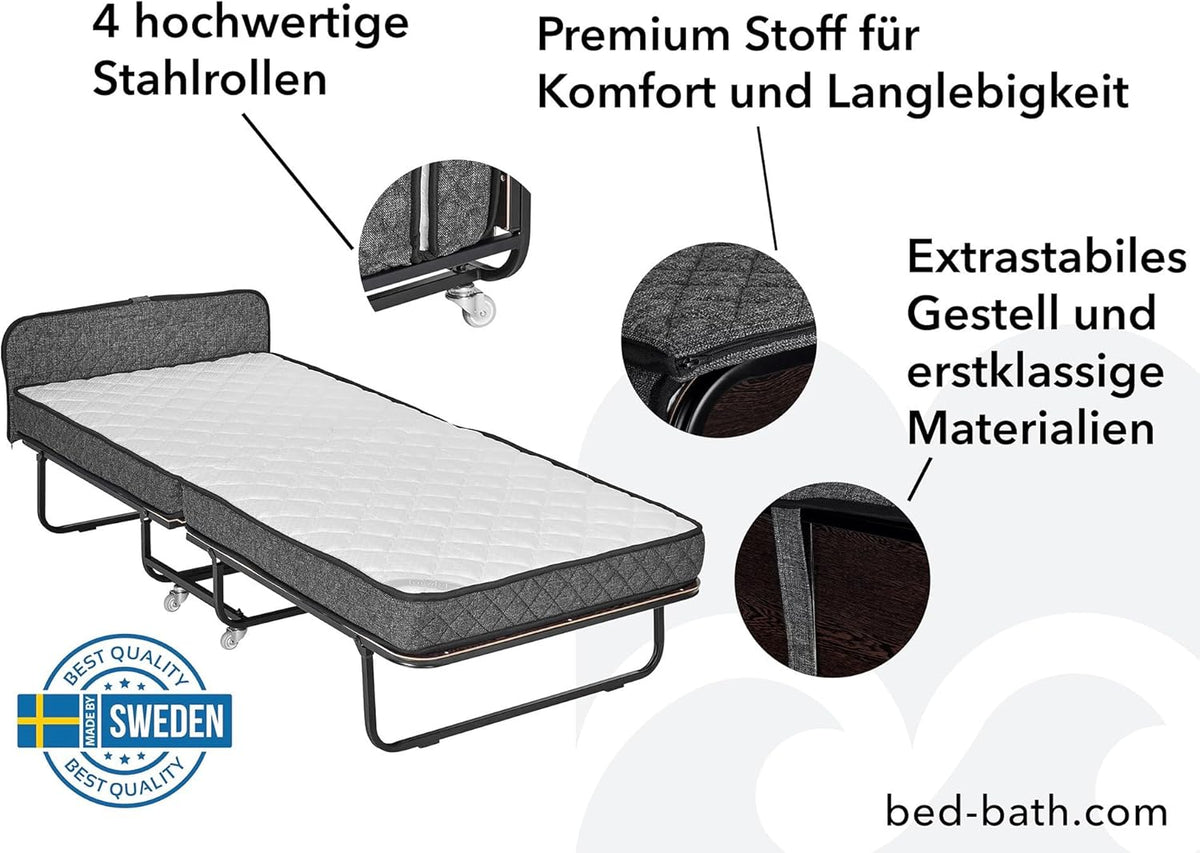 Edward Bed & Bath Opklapbaar logeerbed met wieltjes, 90 x 200 cm, 14 cm pocketveringmatras (middelhard), ruimtebesparend, stabiel en belastbaar, opklapbed, beige