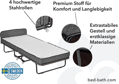 Edward Bed & Bath Opklapbaar logeerbed met wieltjes, 90 x 200 cm, 14 cm pocketveringmatras (middelhard), ruimtebesparend, stabiel en belastbaar, opklapbed, beige