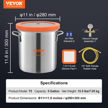 VEVOR Vacuümkamer 5 gal 19 l container voor vacuümpomp deksel gehard glas ontgassing kamer 304 roestvrij staal vacuümcontainer voor houtstabilisatie ontgasser siliconen hars
