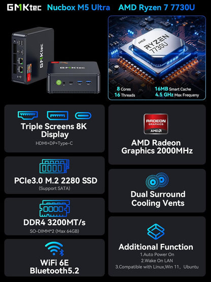GMKtec AMD Ryzen 7 Mini PC W-11 Pro 7730U(Schlagen Sie Ryzen 7 5825U) (8 C/16 T4,50 GHz), M5 Ultra Dual LAN 2.5G Mini Computer, 32GB DDR4 RAM+1TB PCIe-SSD, WiFi 6, USB 3.2, USB-C, BT 5.2, DP, HDMI