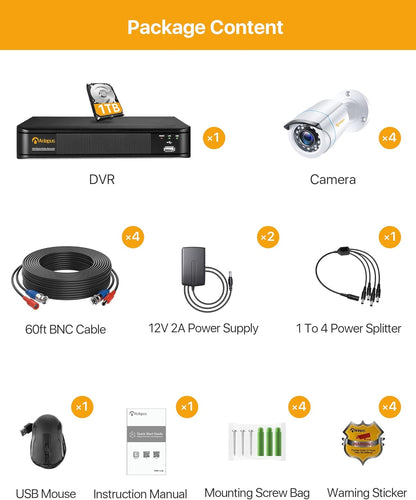 Anlapus 1080P HD Videobewakingssysteem Voor Buiten met 1TB Harde Schijf, 8CH 1080P H.265+ DVR Met (4) 2MP-Camera Voor Thuisbeveiliging, App / E-mailalarm bij Beweging