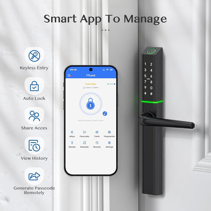 Weerbestendig slim deurslot met handvat: vingerafdruk sleutelloze ingang - digitaal codedeurslot voor aluminium houten deur - Bluetooth elektronische nachtschoot - APP-bediening - slank ontwerp