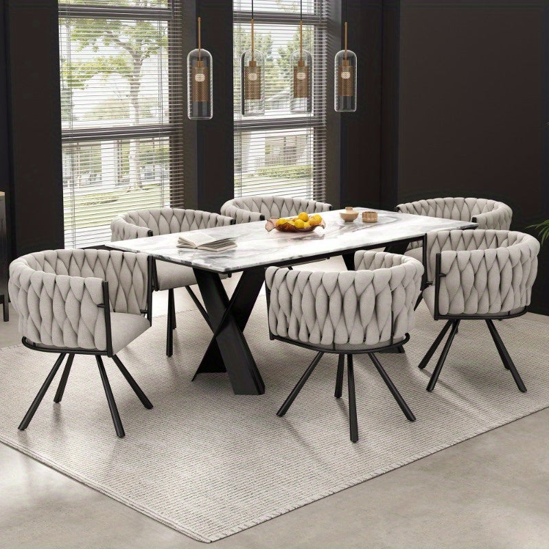 Eetkamerstoel – Bureaustoel – Draaifauteuil – Stoelenset – Linnen Bekleding – Licht Beige – Zwarte Metalen Poten – Draaibaar – Compact Formaat