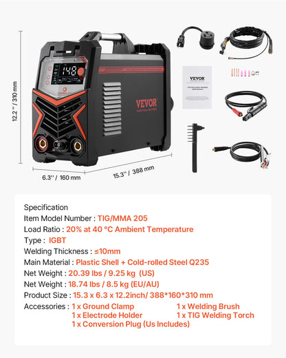 VEVOR TIG welding machine with 205 A and large LED display, TIG CC/TIG Impulse CC/MMA (stick), electric welding machine with double voltage 110 and 220 V with high frequency start of the IGBT inverter