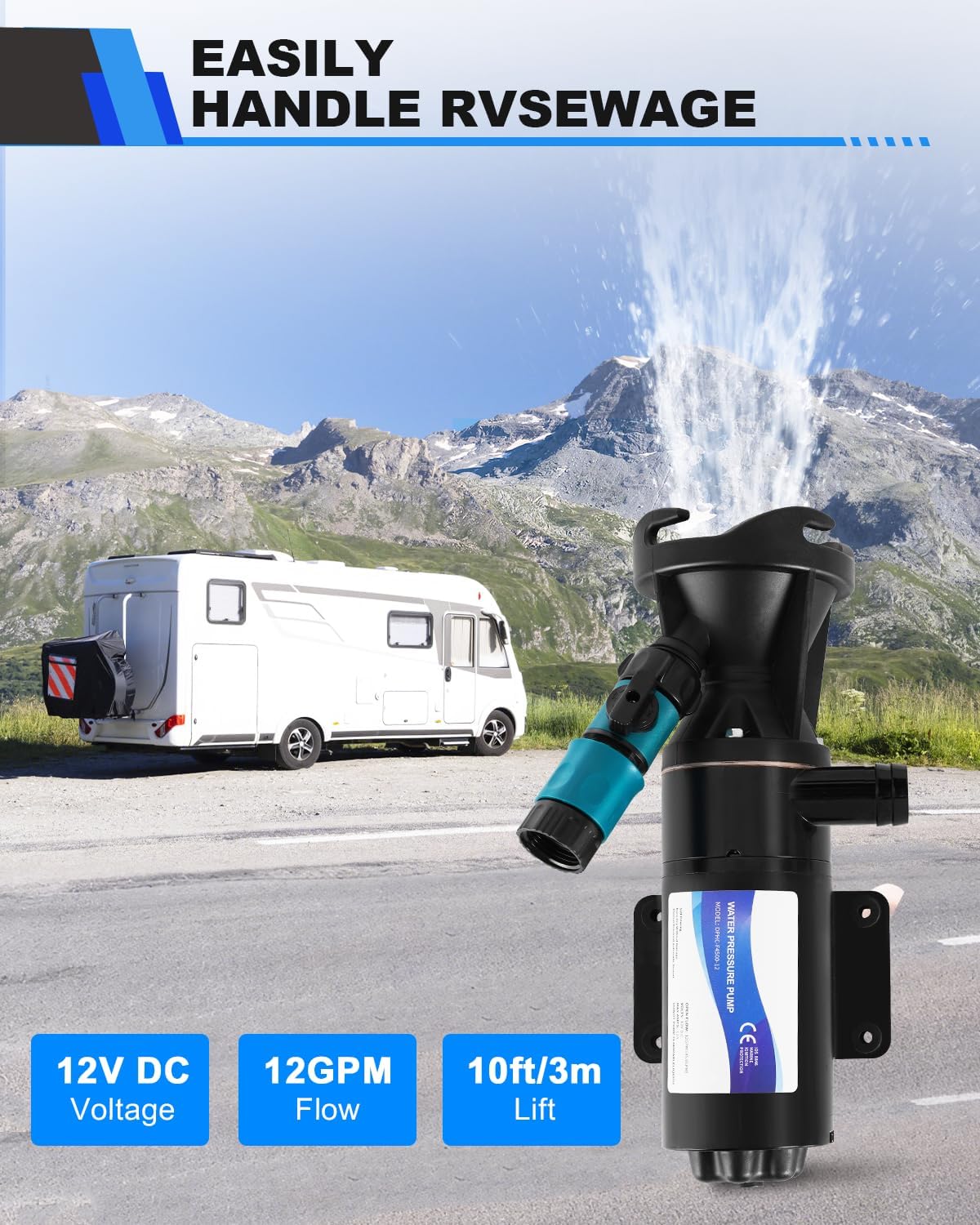YUCHENGTECH 12V Afvalwaterpompen 12GPM Zelfaanzuigende Vuilwaterpompen,45 l/min 144 W, Fecaliënpomp 12V met Versnipperaar RV Versnipperingspomp voor Campers, Schepen, Jachten, Boten