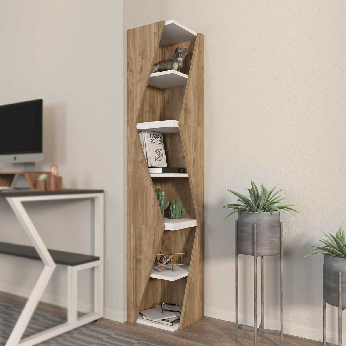 Elegant Walnoot & White Bookshelf, 165 cm hoogte, 31,8 cm breedte, 100% melamine gecoat deelbord, 18 mm dik, stijlvolle opslag voor moderne woningen