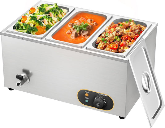 Bain Marie Voedselverwarmer, waterbad, Gastro GN-containers, 1/3 x 3 warmhouders, roestvrij staal, met afvoerkraan, 1500 W, elektrische buffetwarmer