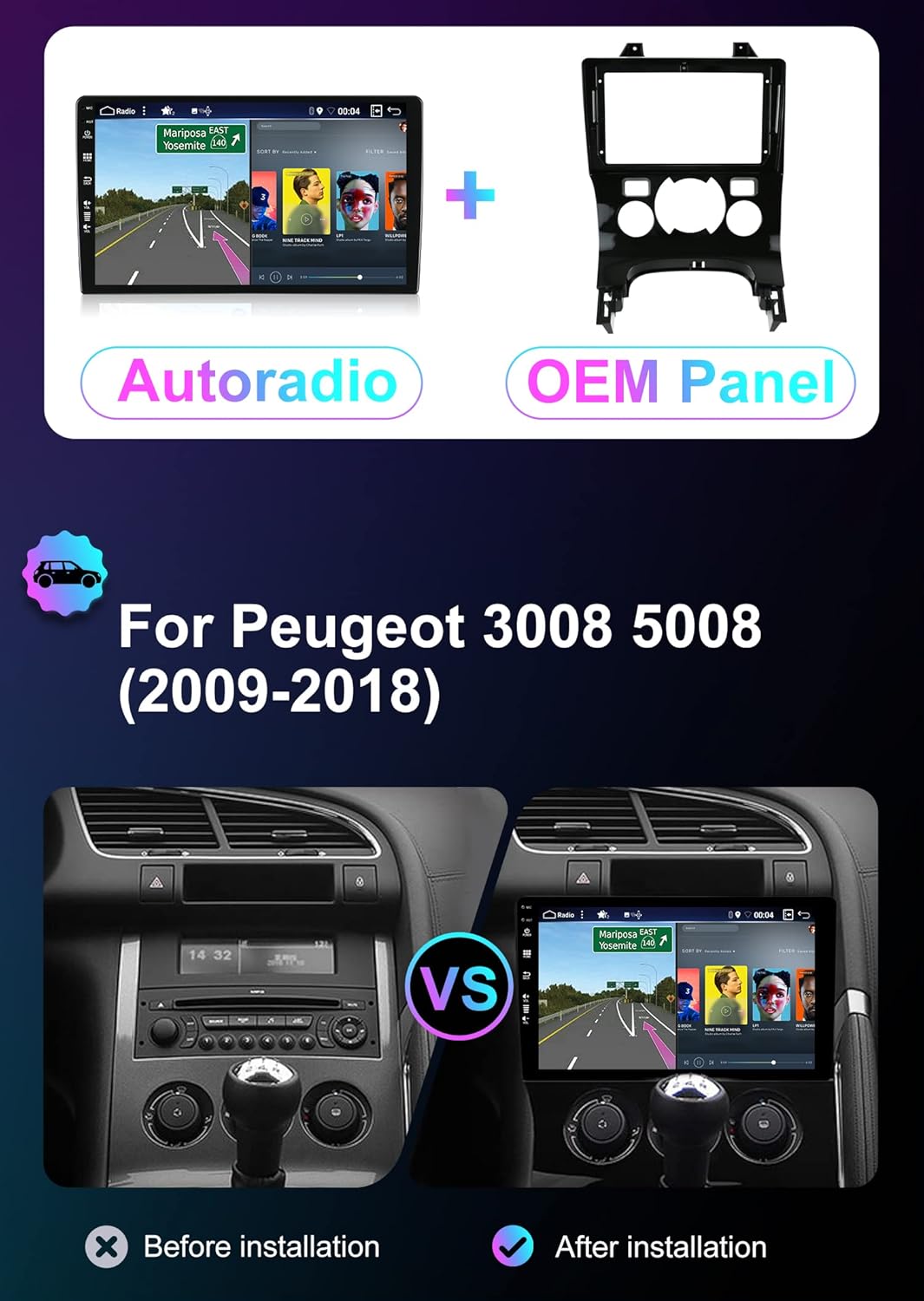 [8GB+256GB] Android 14 2 Din Autoradio for Peugeot 3008 5008 [2009-2018]-[Ingebouwd CarPlay/Android auto/DSP/GPS]-IPS 2.5D 9 Inch-Camera +MIC-DAB/Stuurbediening/Bluetooth 5.0/Mirror Link/WiFi