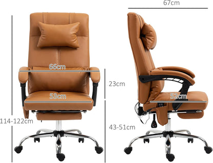 Vinsetto Bureaustoel met massagefunctie, ergonomische managersstoel met verwarming, ligfunctie, lendensteun en hoofdkussen, in hoogte verstelbare draaistoel met kantelfunctie, voetensteun, bruin