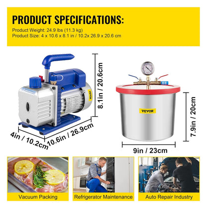 Vacuümpomp – Vacuümmachine – Vacuümgenerator – Vacuüminstallatie – Vacuum Pomp – 7,57L RVS Vacuümkamer – Krachtige 1/3 HP Motor 113,26 L/min