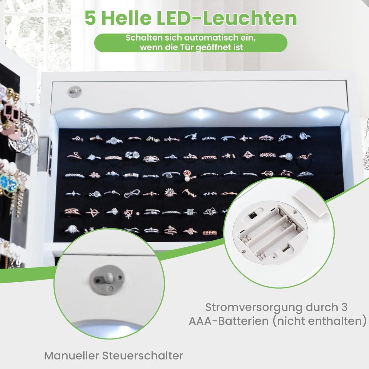 FANTASK Hangende sieradenkast, simpelkast met ledverlichting, spiegel en 6 laden, hangkast voor deur- en wandmontage, sieradenkast voor het opbergen van sieraden en cosmetica, wit