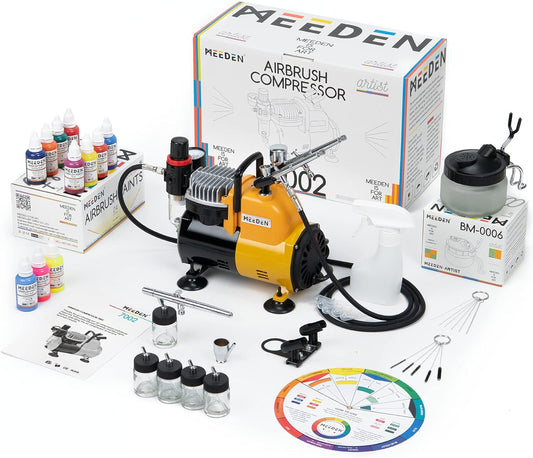 MEEDEN Airbrush Kit met Compressor - 1/5 HP Quite Air Compressor met 3 Dual-Action Air brush Guns, 24 Kleuren x 30ml Airbrush Paint Set voor Modelschilderij