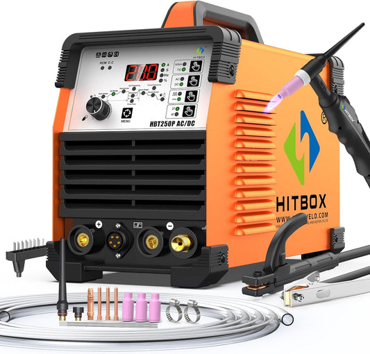 HITBOX 6-in-1 WIG lasapparaat AC/DC, 200 A, pulsfunctie, IGBT invertertechnologie, 2T/4T digitale bediening, nieuwe versie voor aluminium, roestvrij staal en staal (HBT250P AC/DC)