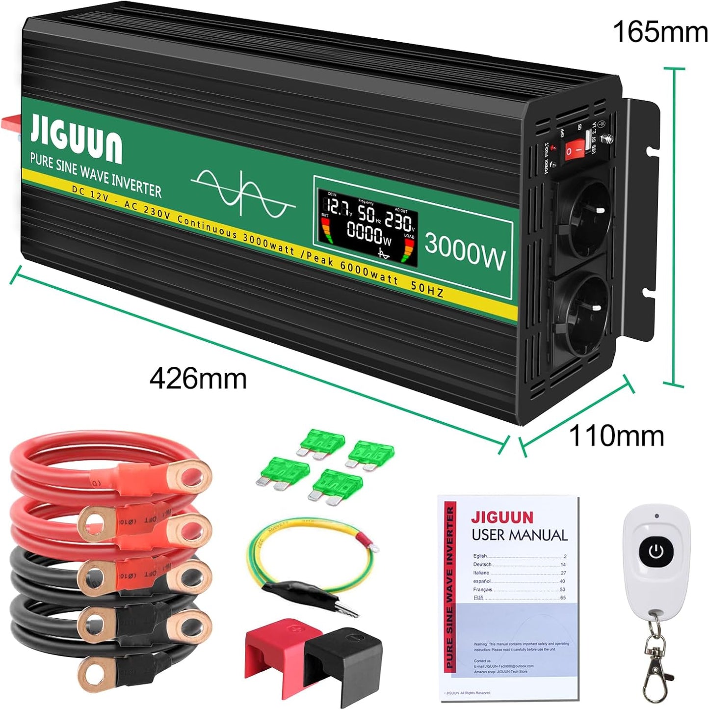 JIGUUN 3000W omvormer 12v naar 230v zuivere sinus inverter met draadloze afstandsbediening LCD-scherm 2 Eu-stopcontact & 1 USB-poort Piekvermogen 6000W voor auto, camping, reizen (3000W12V)