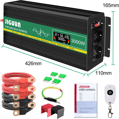 JIGUUN 3000W omvormer 12v naar 230v zuivere sinus inverter met draadloze afstandsbediening LCD-scherm 2 Eu-stopcontact & 1 USB-poort Piekvermogen 6000W voor auto, camping, reizen (3000W12V)
