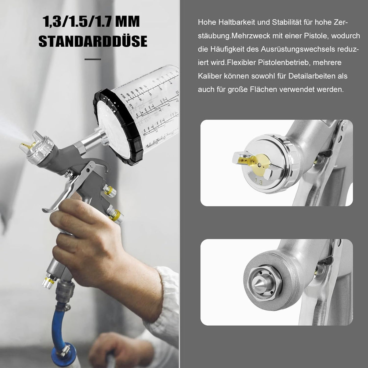 D1 LVLP Spuitpistool – Verfspuit – Lakspuit – Pneumatisch Spuitpistool – Spray Gun Set – 3 Verwisselbare Nozzles 1.3/1.5/1.7 mm – 650 ml Mengbeker Met 10 Wegwerpbekers