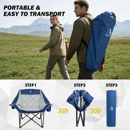 Extra grote XL campingstoel voor volwassenen, zwaar belastbaar, 204 kg ondersteuning, gewatteerde opvouwbare gazonstoelen met zijvak, bekerhouder, koeltas voor buitensporten, tuin, strand