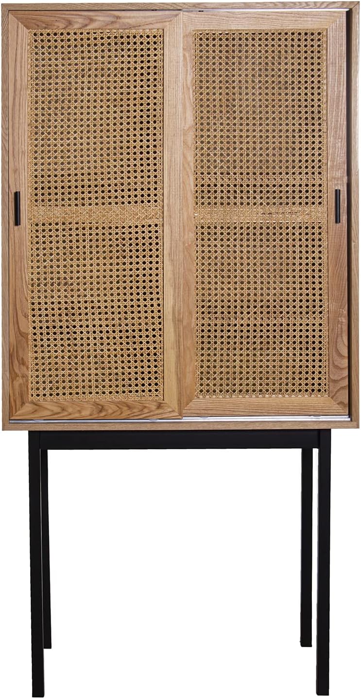 DRW Dressoir met 2 schuifdeuren van MDF, wilgentenen en metaal in natuur en zwart, 76 x 40 x 154 cm