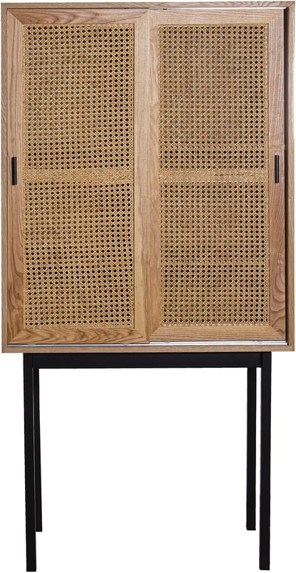 DRW Dressoir met 2 schuifdeuren van MDF, wilgentenen en metaal in natuur en zwart, 76 x 40 x 154 cm