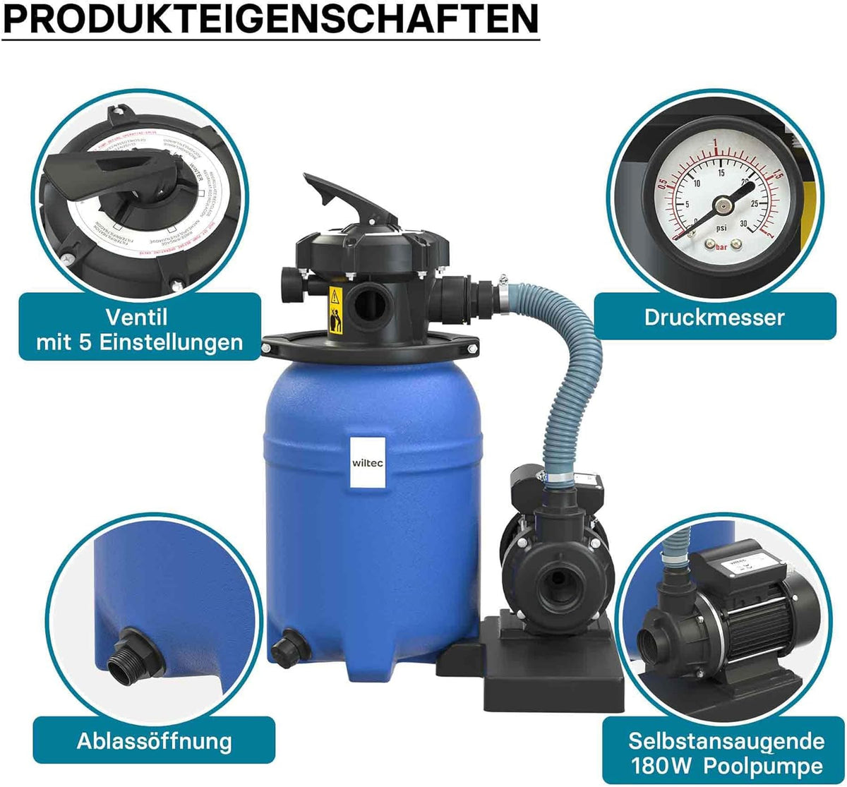 Wiltec zandfiltersysteem 180 W met 14 liter filtertank en zelfaanzuiging 9000 l/h poolpomp