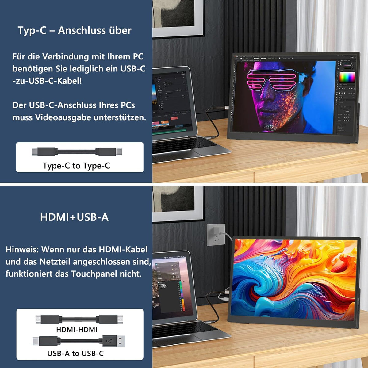 14,1 inch 1920 x 1200 touchscreen-monitor, IPS-scherm draagbare monitor met 2 full-features USB-C, HDMI, USB-A, 10-punts touch, geavanceerde draagbare monitor voor laptop, pc, telefoon, Mac