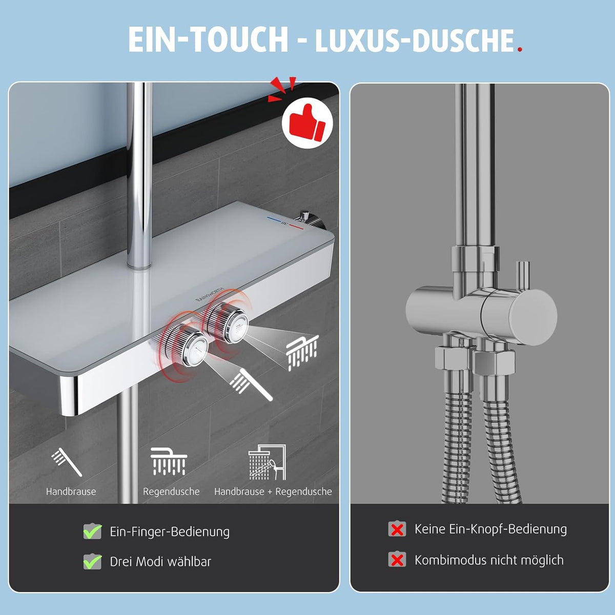 Douche Systeem – Douche Set – Regendouche – Handdouche – Thermostaatkraan – Eenvoudige Eén-Knop Bediening – Grote 26x26 cm Regendouche
