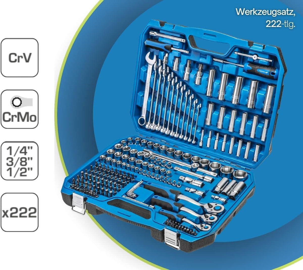 Gereedschapsset – Steeksleutels – Dopsleutelset – Schroevendraaierset – Bitsset – 222 Delig – Cr-V Staal – Ratelmechanisme 72 Tanden