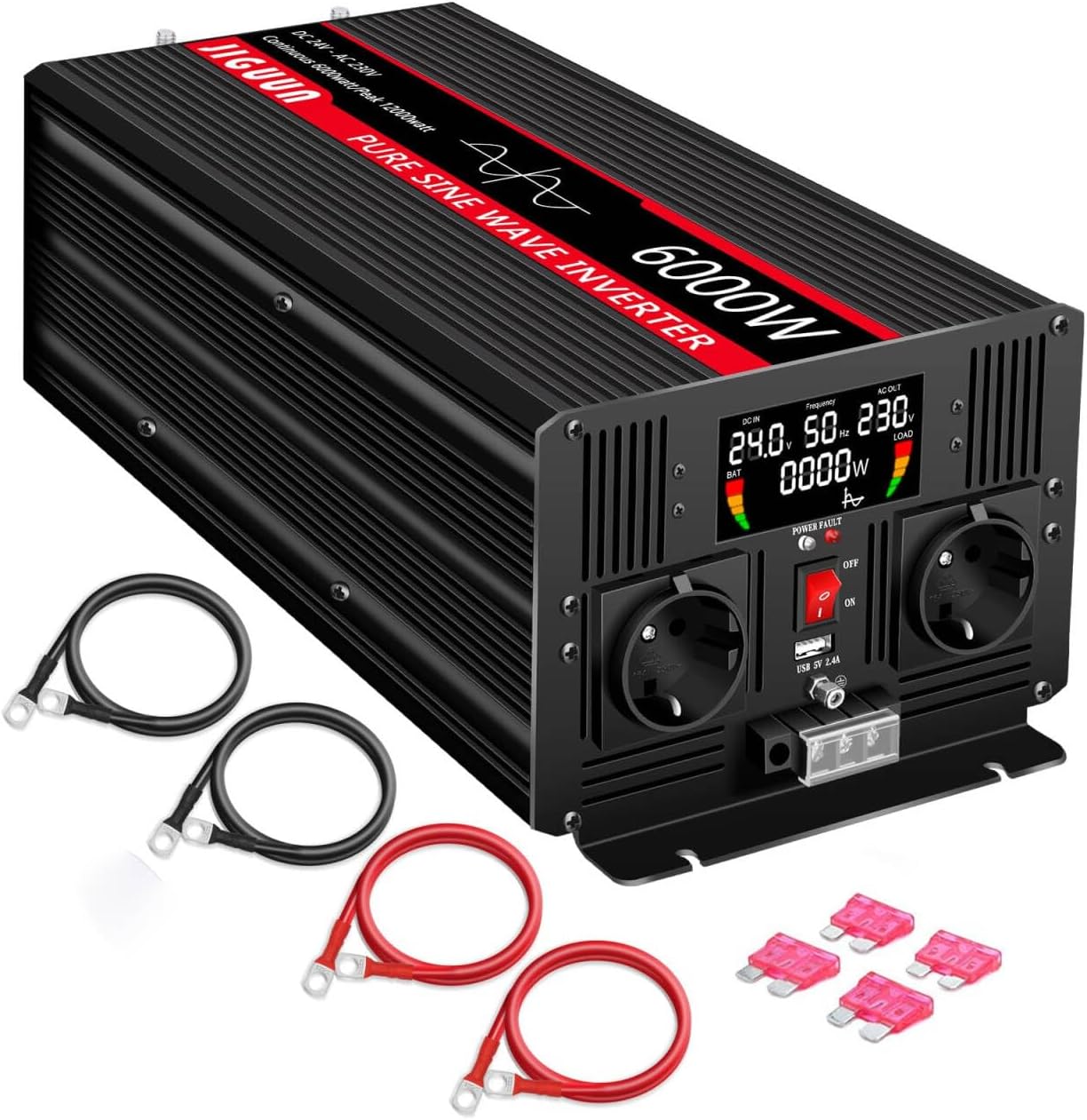 JIGUUN 6000W/12000W omvormer 24V naar 230V zuivere sinus power inverter met draadloze afstandsbediening LCD-scherm 2 Eu-stopcontact & 1 USB-poort voor auto, camping, reizen,noodgeval